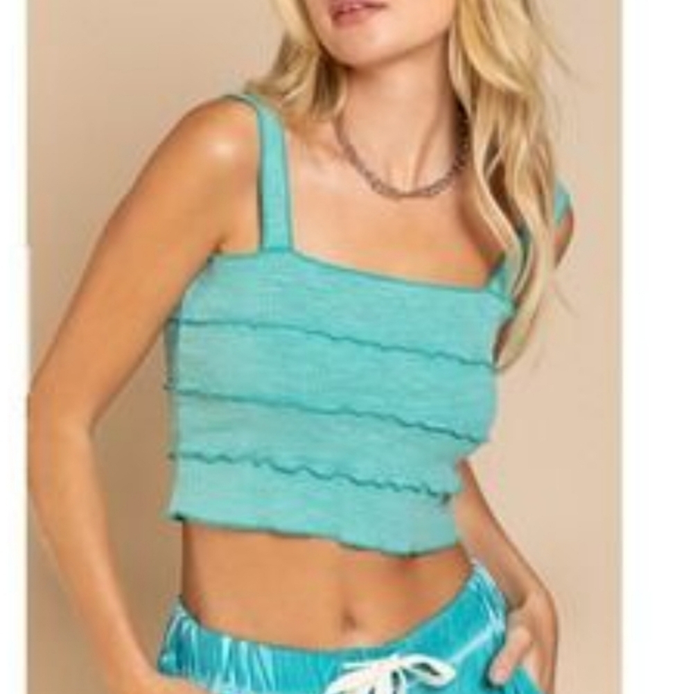 POL Turquoise Ruffled Crop Tank Top Boho Sz. M NWOT